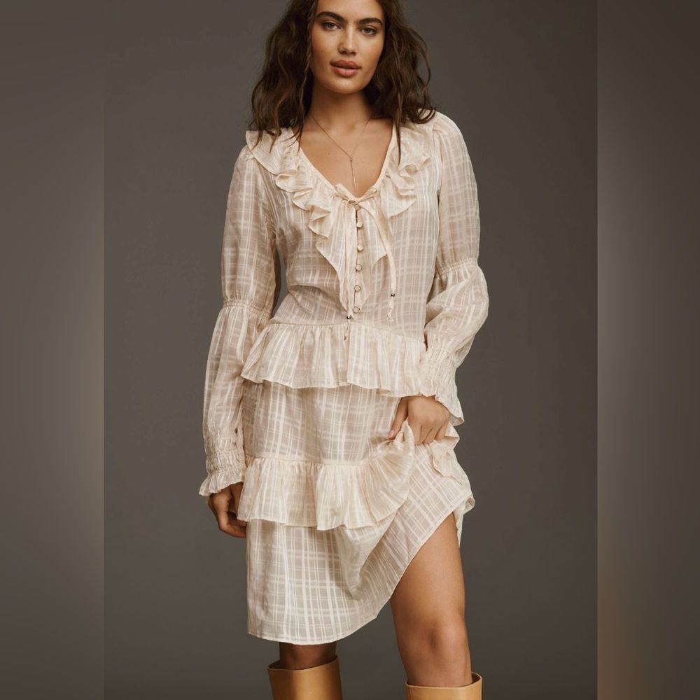 Anthropologie Long-Sleeve Sheer Ruffled Tunic Dress size medium